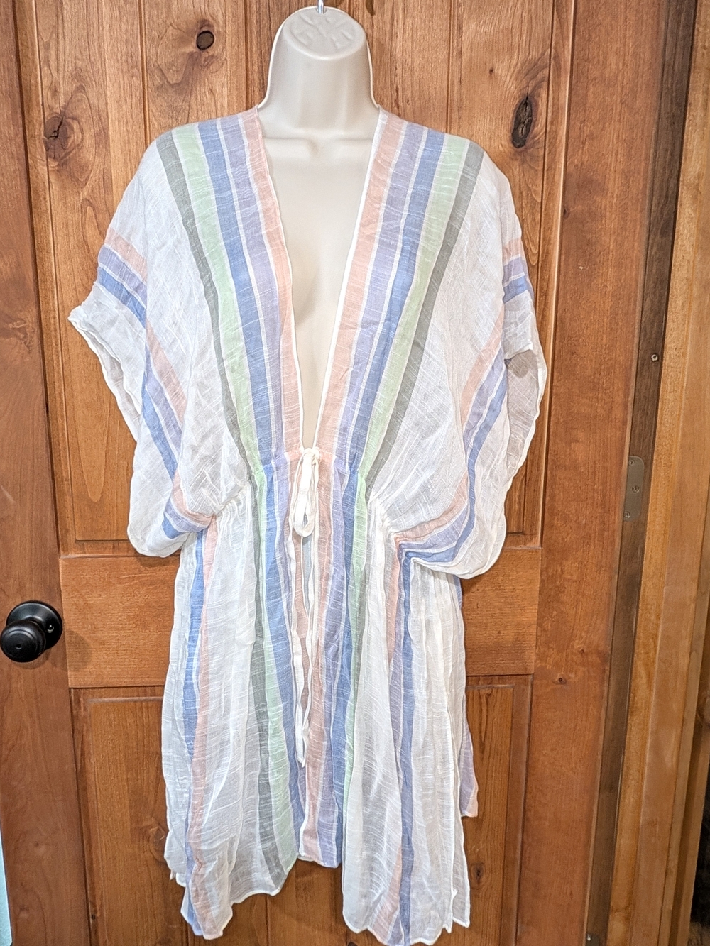 LOFT White Swim Cover Up with Pastel Blue, Green & Pink Stripes
